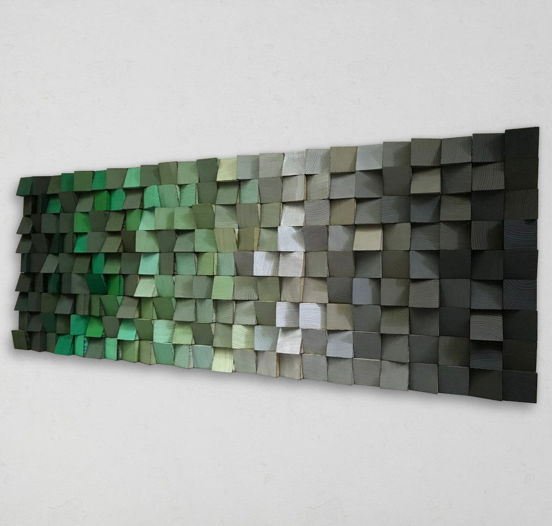 Wood Wall Art - Green Grey Silver Wall Decor - Wood Wall Sound Diffuser ...
