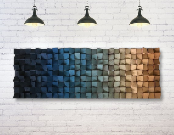 Reclaimed Wood Wall Art – Ombre Sound Diffuser, Bronze & Blue Mosaic