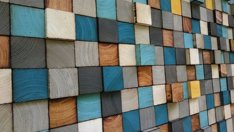 Reclaimed Wood Wall Art Mosaic – Hand-painted Wooden Blocks - Etsy