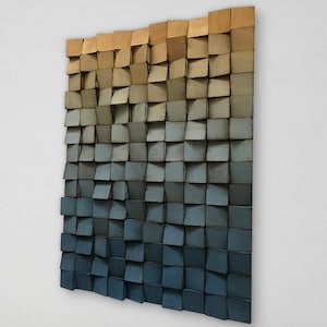 Wood Wall Art - Handmade Sound Diffuser - Blue Gold Wall Decor