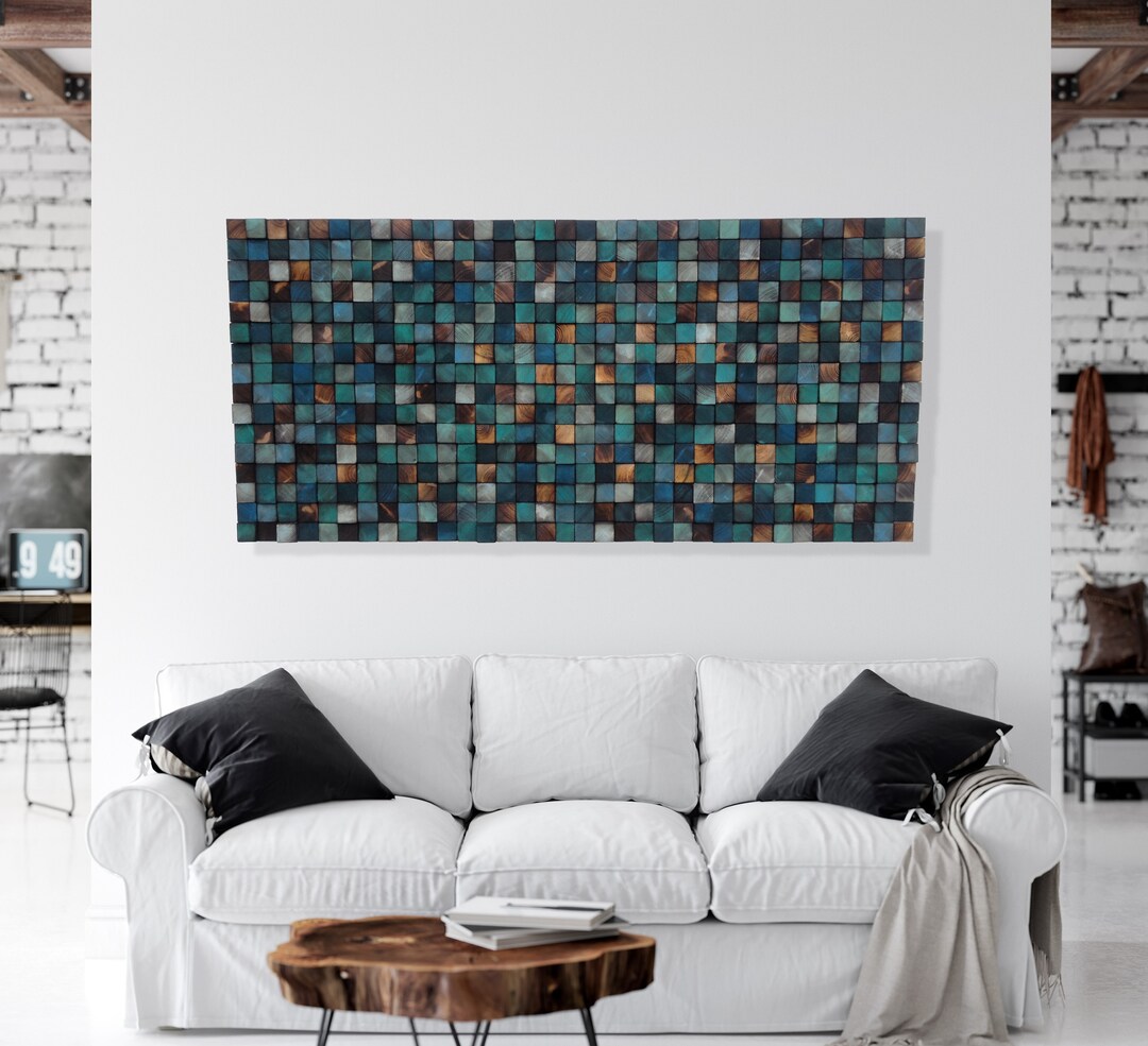 Reclaimed Wood Mosaic Wall Art – Blue Turquoise Geometric Tiles - Etsy