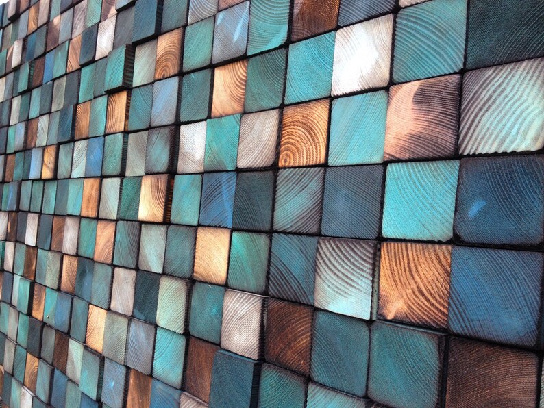 Reclaimed Wood Mosaic Wall Art – Blue Turquoise Geometric Tiles - Etsy