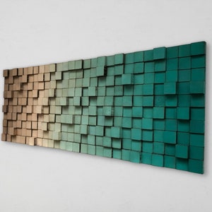 Arte mural en mosaico de madera reciclada – Decoración geométrica degradada