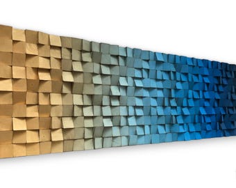 Geometrische Wandkunst - Hölzerner Schalldiffusor - Blaues Goldwanddekor