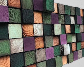 Geometric Wood Wall Sculpture – Reclaimed Pine, Green & Purple Mosaic