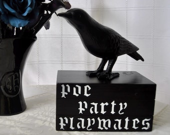 Poe Party Playmates, Raven on Stand: Handmade Display Stand, Gothic Lettering