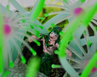 Miniature Mermaid Garden, OOAK Assemblage Sculpture: Repurposed Vintage Pottery Bowl - Gift for Mermaid Lover