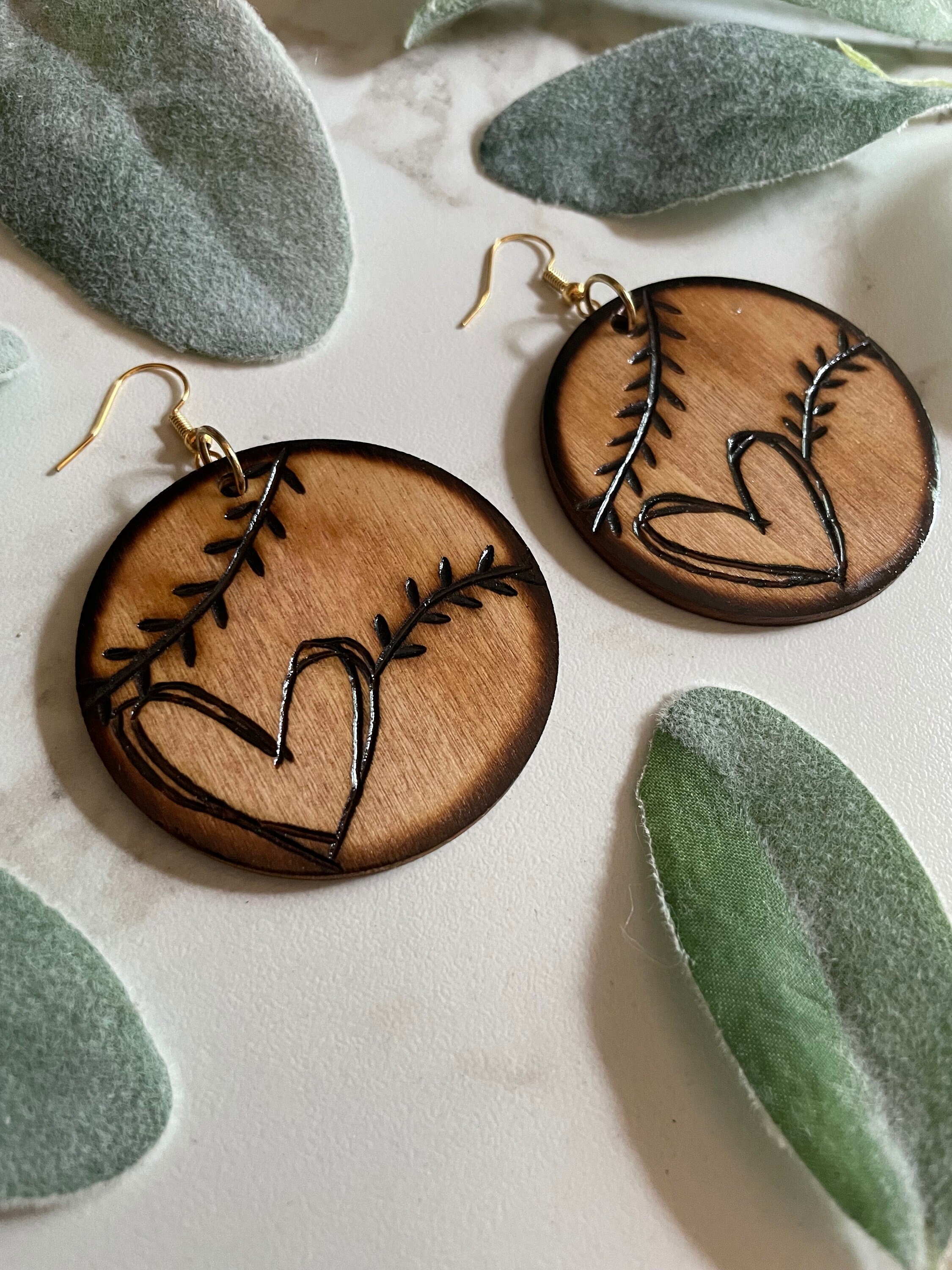 Round Wood burned Double sided Earrings