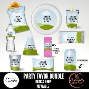 Party Mock Up Bundle, Chip Bag, Water Bottle, Juice Pouch, Chocolate Bar, Party Hat, Pop Can, Paper Cup & Plate, Bubbles, Canva mockup