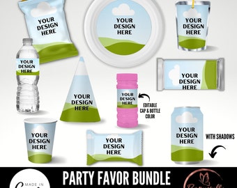 May include: A collection of party favor items, including a bag of chips, a plate, a drink pouch, a water bottle, a cone, a bubble bottle, a cup, a candy bar, and a can. Each item has a label that says "YOUR DESIGN HERE". The image also includes the text "PARTY FAVOR BUNDLE".