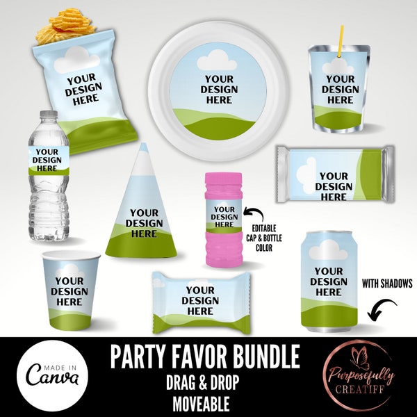 Party Mock Up Bundle, Chip Bag, Water Bottle, Juice Pouch, Chocolate Bar, Party Hat, Pop Can, Paper Cup & Plate, Bubbles, Canva Template