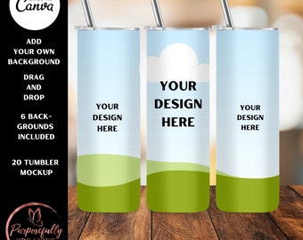 May include: Three stainless steel tumblers with lids and straws. The tumblers are white with a blue sky and green grass design. The middle tumbler has the text "YOUR DESIGN HERE" on it.