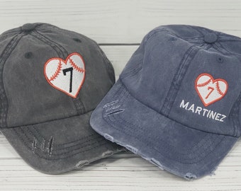 Baseball Heart Hat Name Number Distressed Baseball Cap Heart Baseball Hat Baseball Love hat Baseball Mom hat Baseball mom Gift
