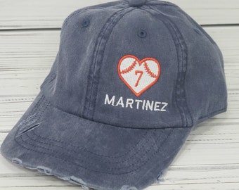 Baseball Heart Hat Name Number Distressed Baseball Cap Heart Baseball Hat Baseball Love hat Baseball Mom hat Baseball mom Gift