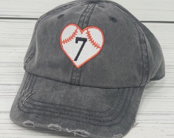 Baseball Heart Hat Name Number Distressed Baseball Cap Heart Baseball Hat Baseball Love hat Baseball Mom hat Baseball mom Gift