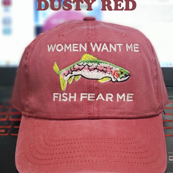 Fishing hat, Trout Fishing Hat Rainbow Trout fishing hat Women Want me, Fish Fear Me, Fishing gift for husband, Custom Fishing hat, Dad Gift