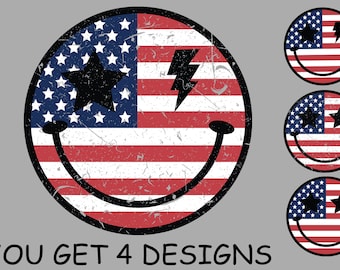 Amerikansk flagga Smiley PNG 4 juli PNG Retro Smiley PNG Patriotisk PNG Amerikansk Smiley, Vintage USA Flagga PNG Sublimeringstryckdesign