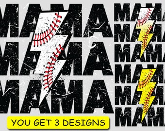 Digital Png File Baseball T-Ball Mama Stacked Distressed Lightning Bolt Mom Printable Waterslide Iron On Sublimation Design INSTANT DOWNLOAD