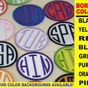 May include: Assortment of round fabric patches with different colored borders and white backgrounds. The patches feature various initials and words, including "USA", "SP", "TUR", "HIN", "CAD", and "STP". The text "BORDER COLORS" is displayed in a yellow box with black text, followed by a list of colors: black, yellow, red, blue, green, purple, orange, and pink.