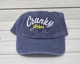 Cranky Crankbait Embroidered Hat Funny Fishing Hat for Men Bass Fishing Cap Lure Fisherman Gift Adjustable Dad Cap Outdoor Fishing Apparel