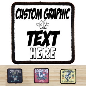 May include: A white patch with black text that reads "CUSTOM GRAPHIC -OR- TEXT HERE" surrounded by a black border.