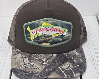 Trout fishing hat Camo Trucker Hat Camouflage Hat Gift for Him or Her Adult Unisex Size, Mesh Snapback Personalized Embroidered Trout Hat