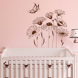 Flowers and Butterfly Wall Decal, Floral Wall Decor, Meadow Grass, Living Room, Bedroom, Nursery Flower Decals, Wild Flowers Wall Art LO84