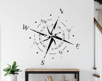 Vintage Compass, Nautical Compass Decal Sticker Marine Decor, Navigational Compass, Bedroom Wall Decal, Compass Points Windrose Decor L048