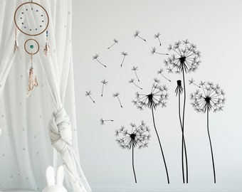 Dandelion Wall Sticker - Dandelion Flowers With Seeds Blowing In The Wind Wall Decal Nursery Kids Bedroom Living Room Floral Wall Decal L035