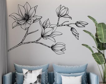 Magnolia Wall Decal, Magnolia Branch, Magnolia Flowers, Floral Decor, Magnolia Corner, Outlines, Botanical Decal, Bedroom, Home Decor L063