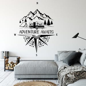 Adventure Wall Decal, Outdoor Adventure Car Decal, Compass Wall Decor, Adventure Awaits Wall Art Nature Camping Mountains Wall Decal L0173