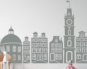 Vinilo decorativo de pared con garabatos de silueta urbana: decoración infantil LO161