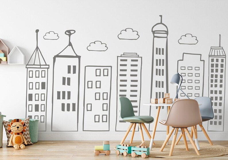 Large Doodled City Skyline Wall Decals Nursery Kids Room Etsy