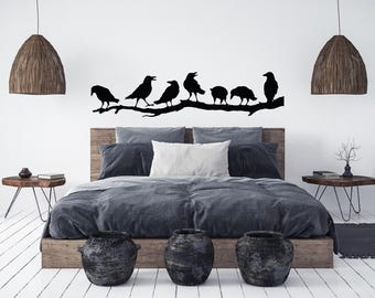 Crows on Branch Vinyl Wall Decal: Bird Silhouettes Decor LO191