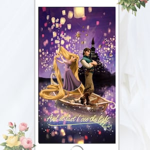 May include: A digital illustration on a phone screen featuring a scene from a fairytale. A woman with long blonde hair and a man are in a boat, surrounded by floating lanterns. The text "And at last I see the light" is visible.