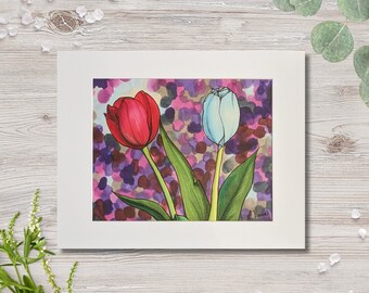 Two Tulips Illustration Cardstock Print: Marker Drawing, Floral Home Decor, Abstract Background