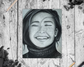 Handmade Portrait of a Smiling Woman - Realistic Black and White 11" x 14" Charcoal Drawing Perfect Gift for Art Lovers