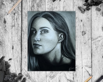 Handmade Charcoal Illustration of a Woman - 11" x 14" Black and White Drawing Perfect for Contemporary Wall Decor