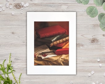 Stack of Books Painting - Dark Academia Print, Rustic Library Wall Art