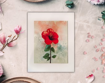 Pintura de Hibisco Vermelho - Flor em Aquarela, Impressão de Arte Floral Vermelha para Parede