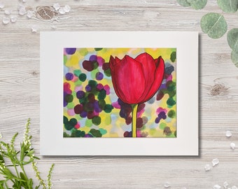 Red Tulip Marker Drawing: Floral Art Cardstock Print on Abstract Background