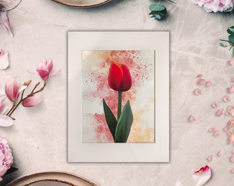 Blomstertryck med röd tulpan - Botanisk akvarellmålning Illustration