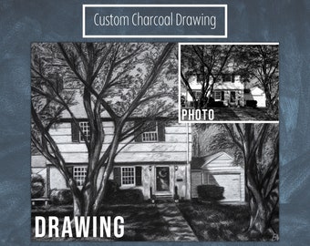 Custom House Portrait From Your Photo - Realistic Charcoal Drawing, Perfect Realtor House Closing Gift