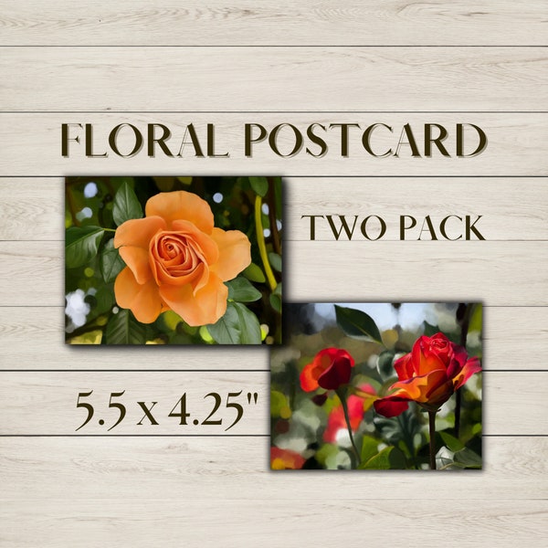 Flower Postcard 2 Pack - Floral Greeting Cards, Illustrated Botanical Art, Orange and Red Roses Print, Original Handmade Artwork