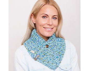 Chunky hand knitted adjustable neckwarmer with  button detail. Super soft and warm. Great gift.