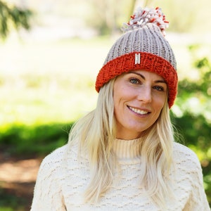 Beautiful rust and grey chunky bobble hat or beanie. Thick, soft and warm with large pom-pom. Handmade in the UK. One size fits all. image 3