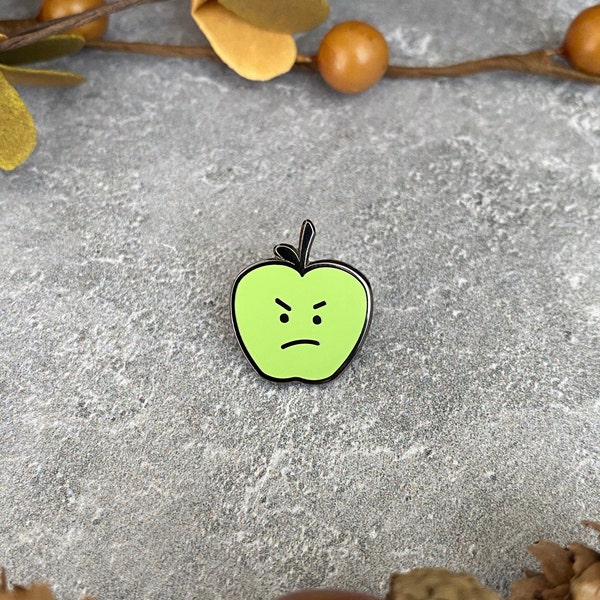 Apple Enamel Pin, Small Green Lapel Accessory, Gift For Fun, Back To School, Teacher Appreciation, Student, Grumpy, Sour, Cute, Emo