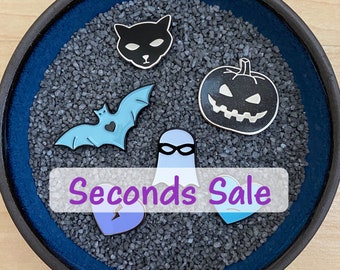 Seconds Enamel Pins: Black Cat, Ghost, Jack-O-Lantern, Bat, Heart