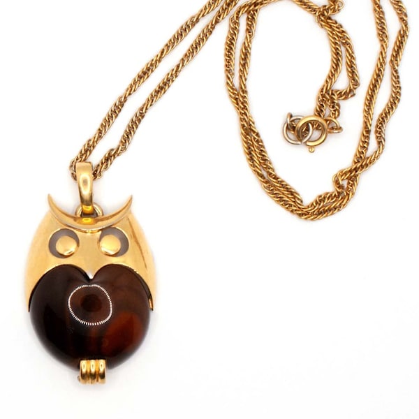 Crown Trifari Owl Pendant Necklace with Long  Chain