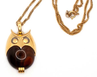 Crown Trifari Owl Pendant Necklace with Long  Chain